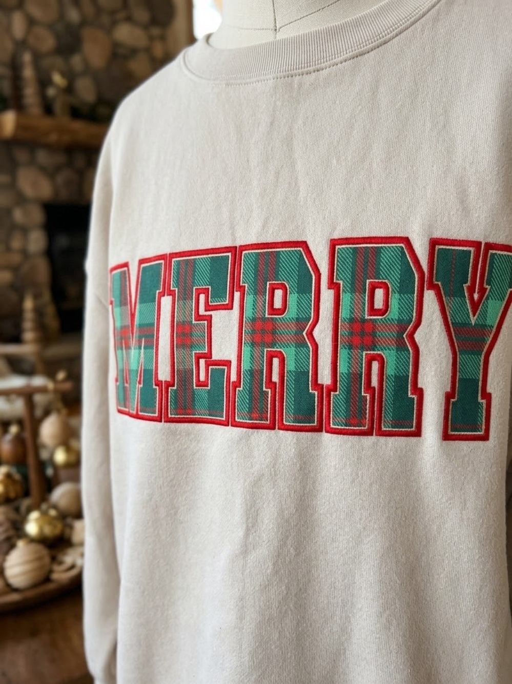 State of Mind Beige Crewneck with Green and Red Plaid "MERRY" Graphic